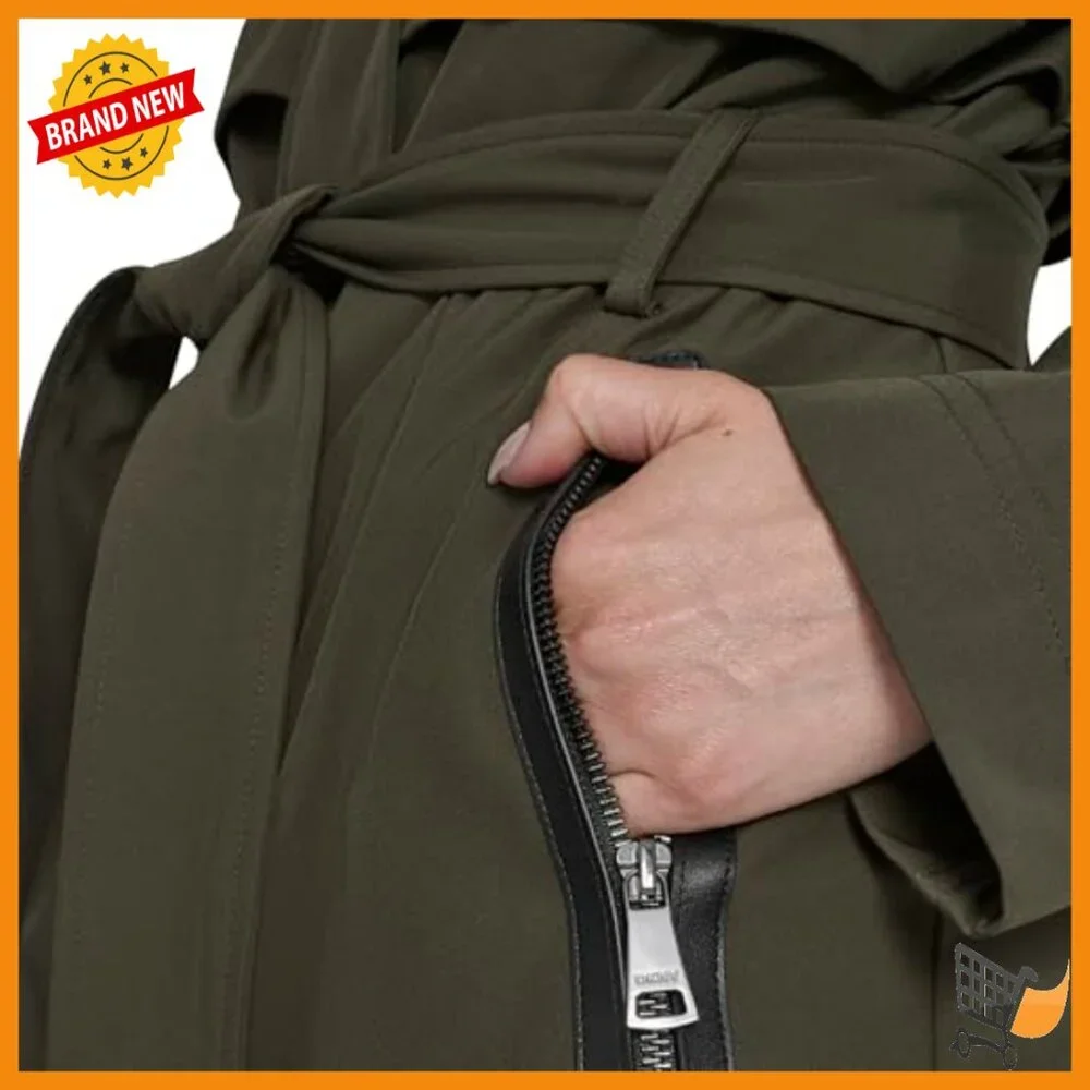 Long Hooded Trench Coat Water-Resistant Lightweight Belted Jacket - Picture 6 of 7